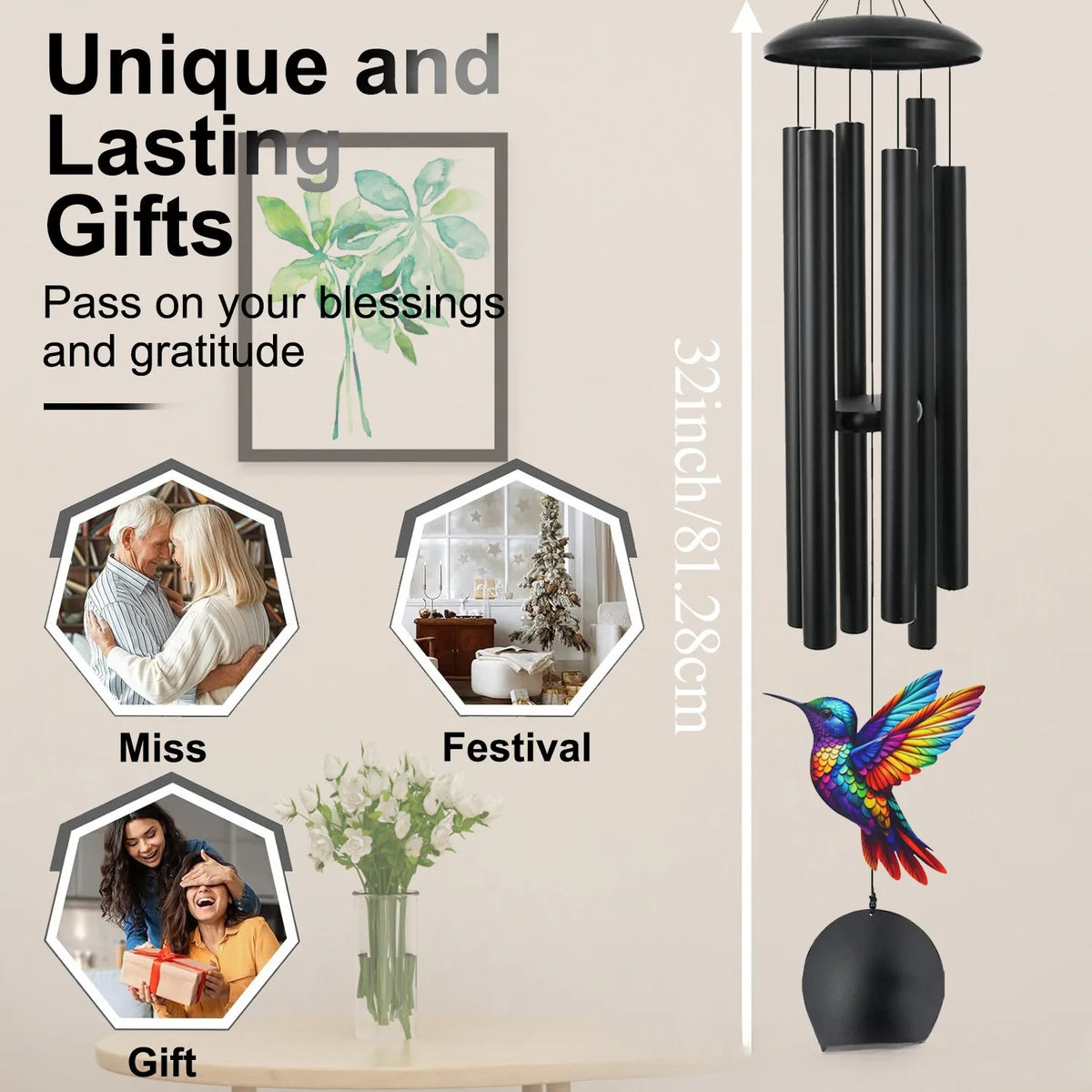 Hand-Painted Hummingbird Metal Wind Chime for Garden & Patio