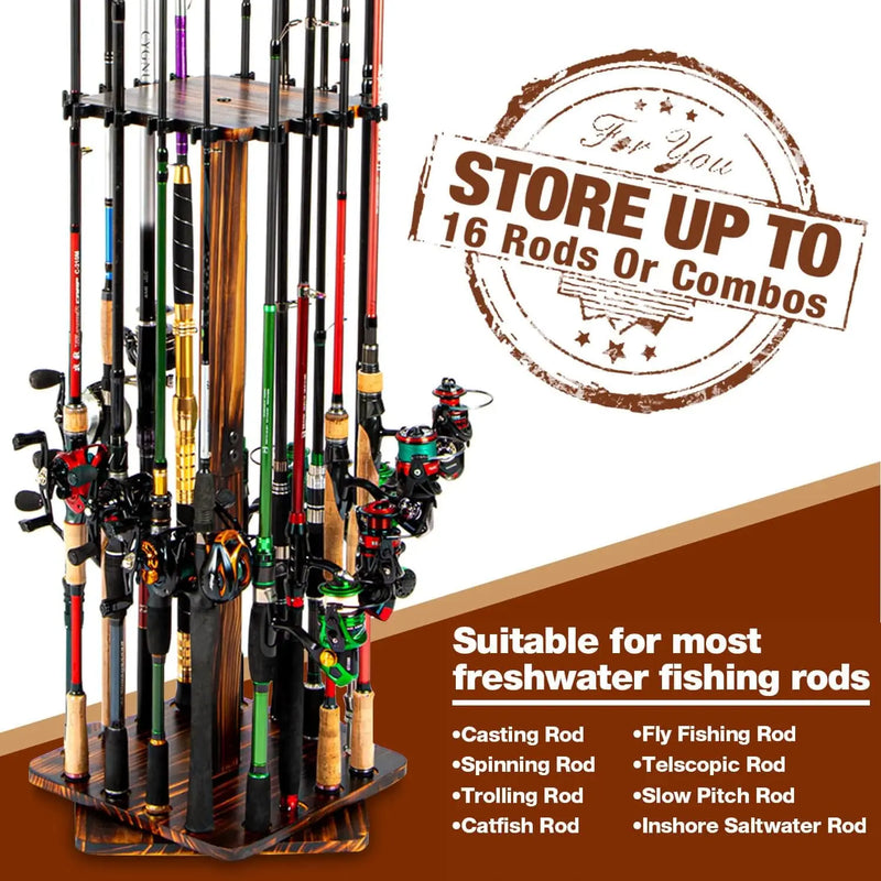 360° Rotating Fishing Rod Rack - Floor Stand Holds Up to 16 Rods