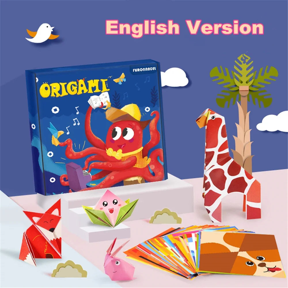 A box of Origami craft kit featuring colorful animal figures and paper, including a giraffe and a lion.