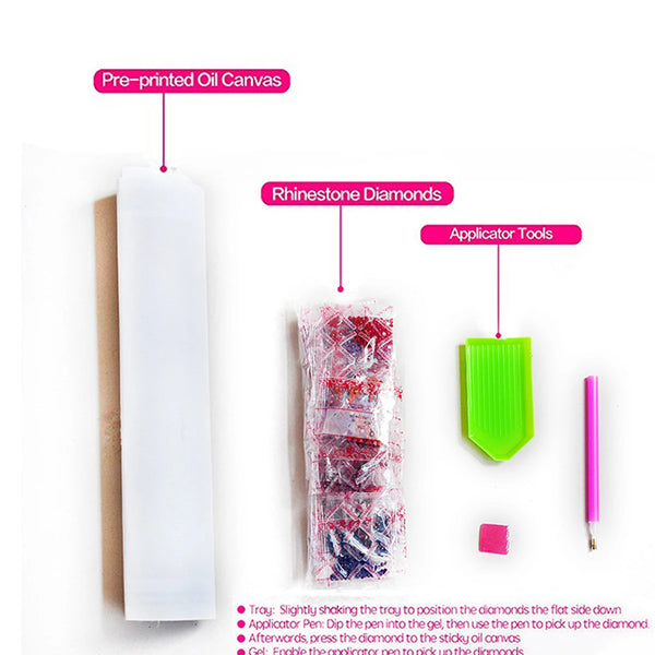Präzises Diamantmal-Set mit vorgefertigtem Ölcanvas, Strassdiamanten und Applikationswerkzeugen.