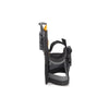 A black compact drill holster featuring a clip and pockets for a drill bit.