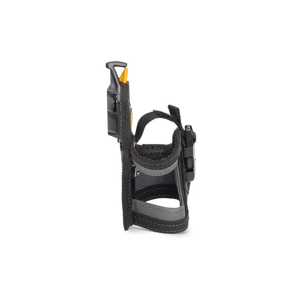 A black compact drill holster featuring a clip and pockets for a drill bit.