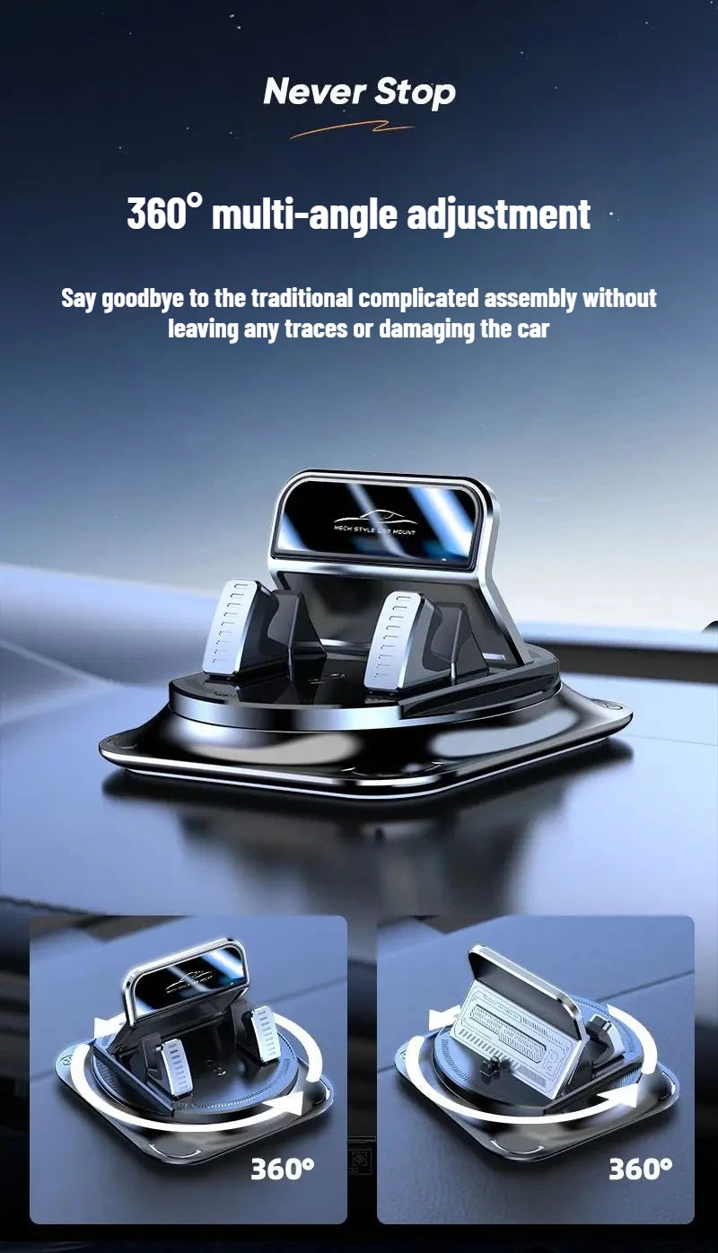 A black anti-slip dashboard phone mount is shown in various 360 degree adjustment angles.