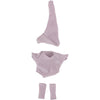 A light purple knitted outfit set for a doll including a top, jumpsuit, and socks.