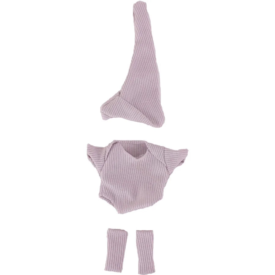 A light purple knitted outfit set for a doll including a top, jumpsuit, and socks.