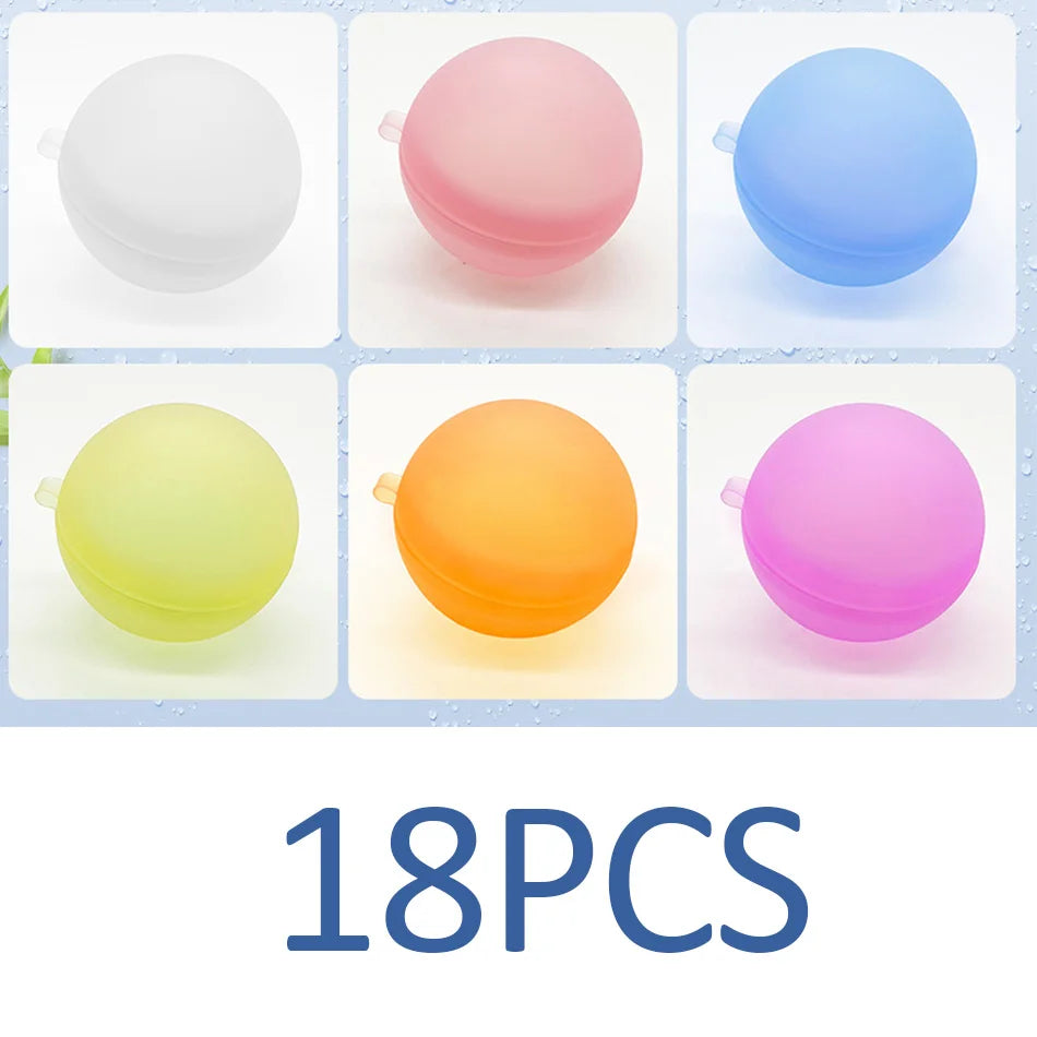 Eight reusable splash water balloons in various colors including white, pink, blue, yellow, orange, and purple.