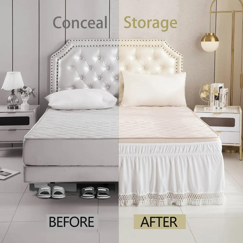 Before and after comparison of a bed skirt, showing the concealed storage feature on a bed.
