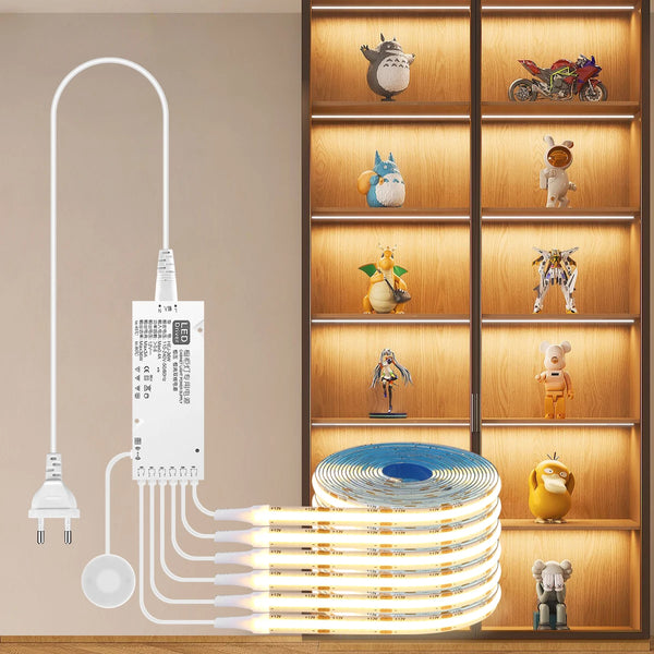 Sistema de iluminación LED con adaptador de corriente e iluminación de varios objetos decorativos en un gabinete.