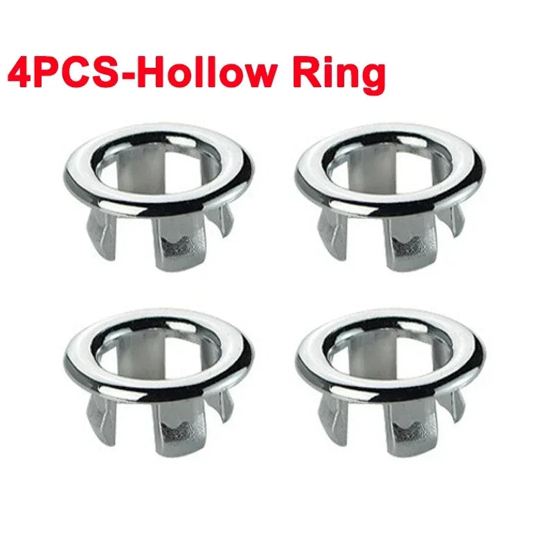 Four chrome-plated hollow rings used as a sink overflow cover set