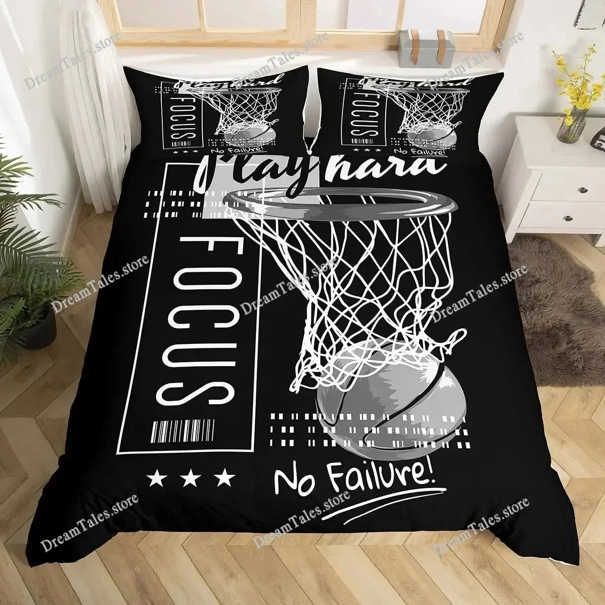 Black duvet cover featuring a motivational pattern with the text FOCUS and No Failure on a basketball theme