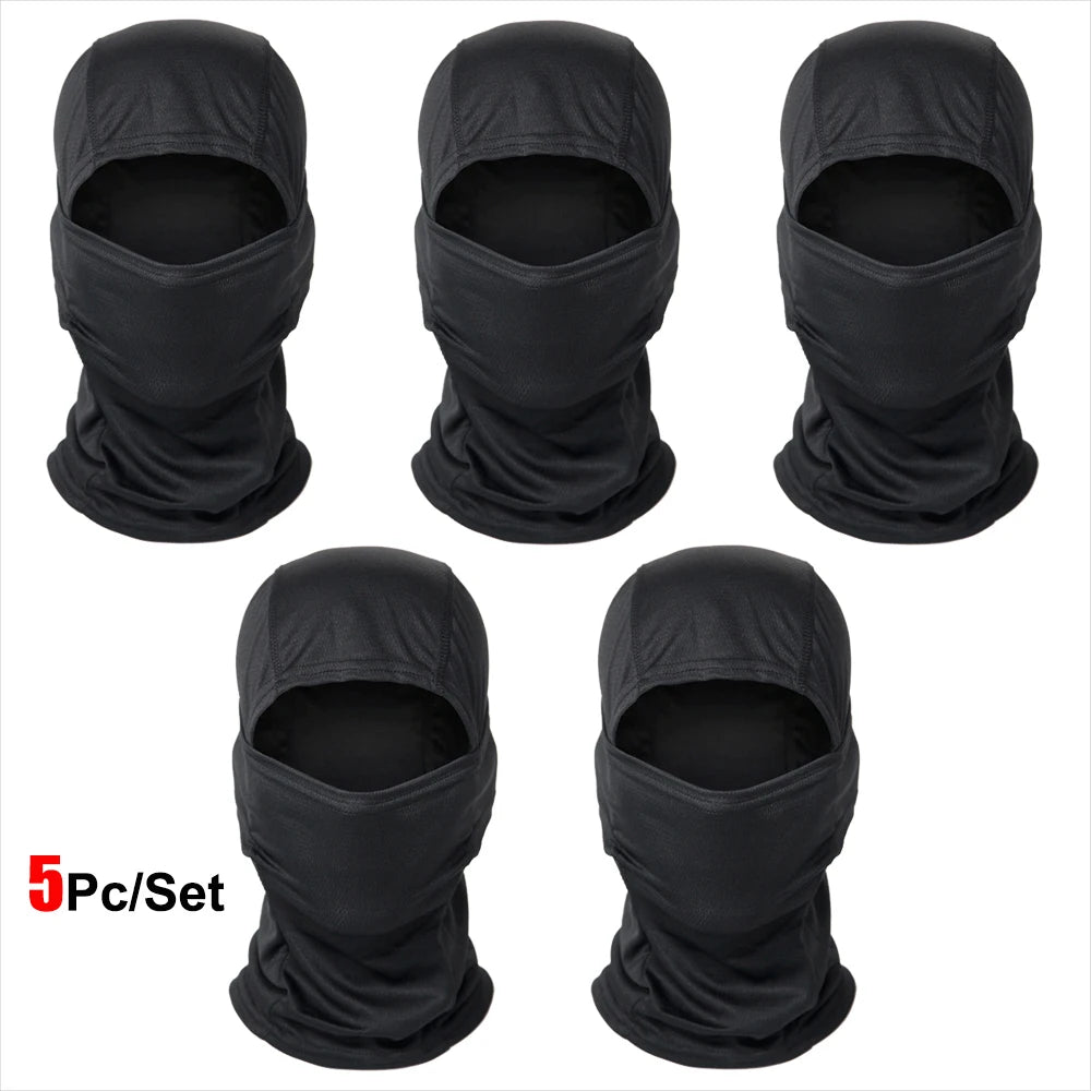 Five black stretchy breathable balaclava caps shown in various folds and angles