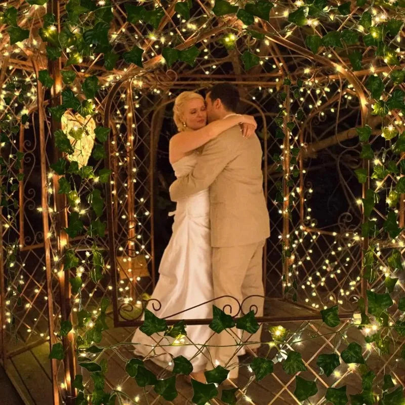Un couple s'étreignant dans un jardin décoré de guirlandes de lierre lumineux et de guirlandes lumineuses.