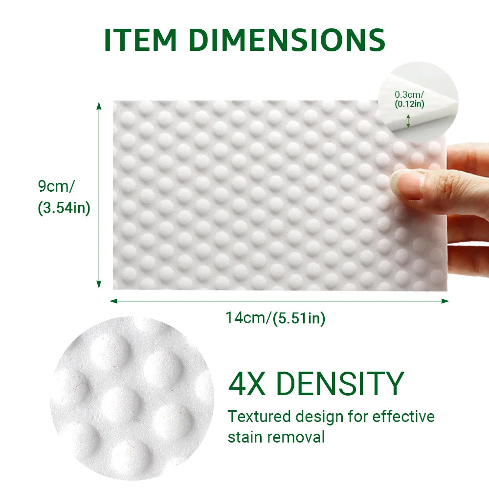 White textured cleaning sponge with dimensions 9cm by 14cm and a 4x density for stain removal