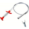 A flexible drain snake with a red handle and coiled metal wire is shown against a white background.