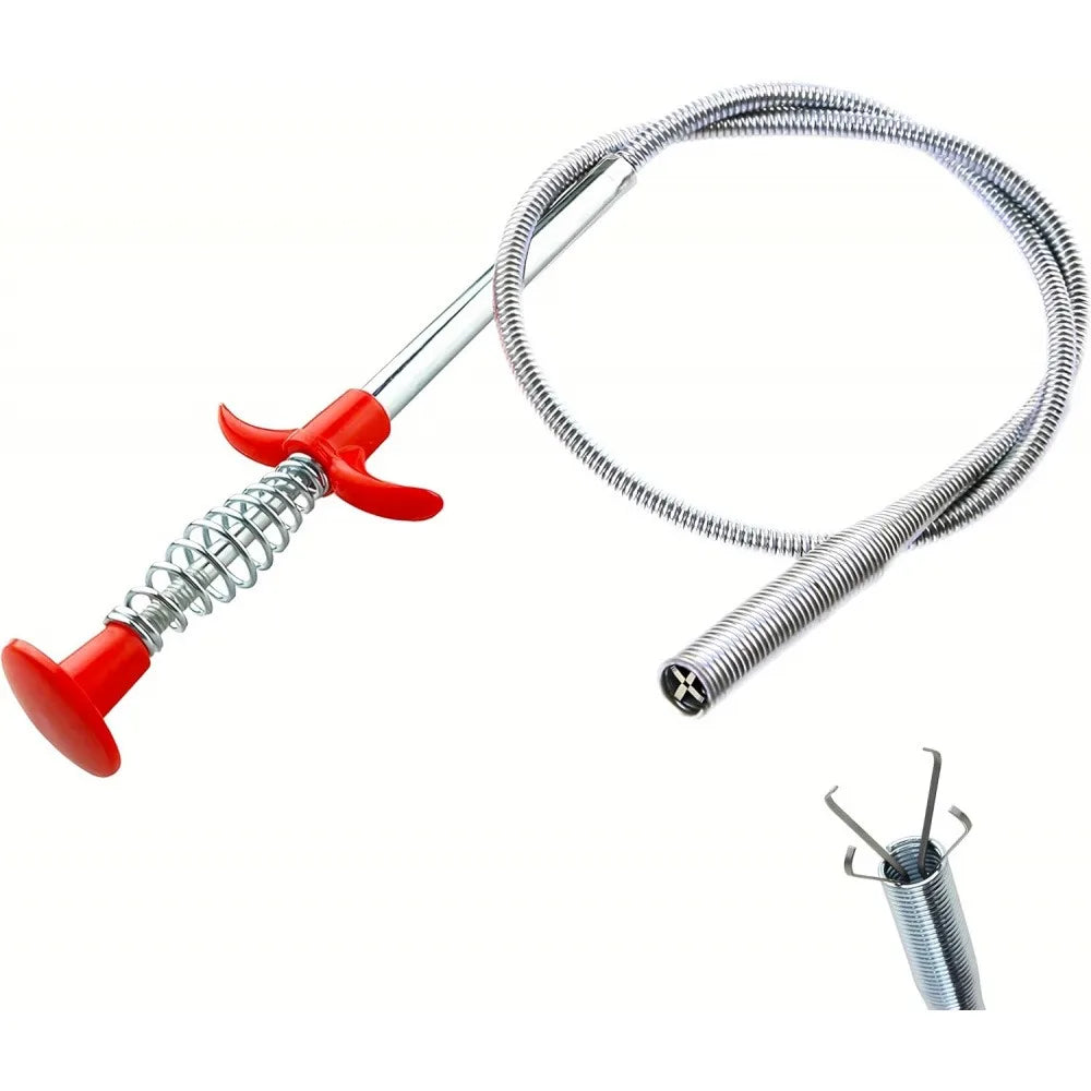 A flexible drain snake with a red handle and coiled metal wire is shown against a white background.