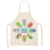 A light yellow linen apron featuring colorful ice cream-themed graphics.