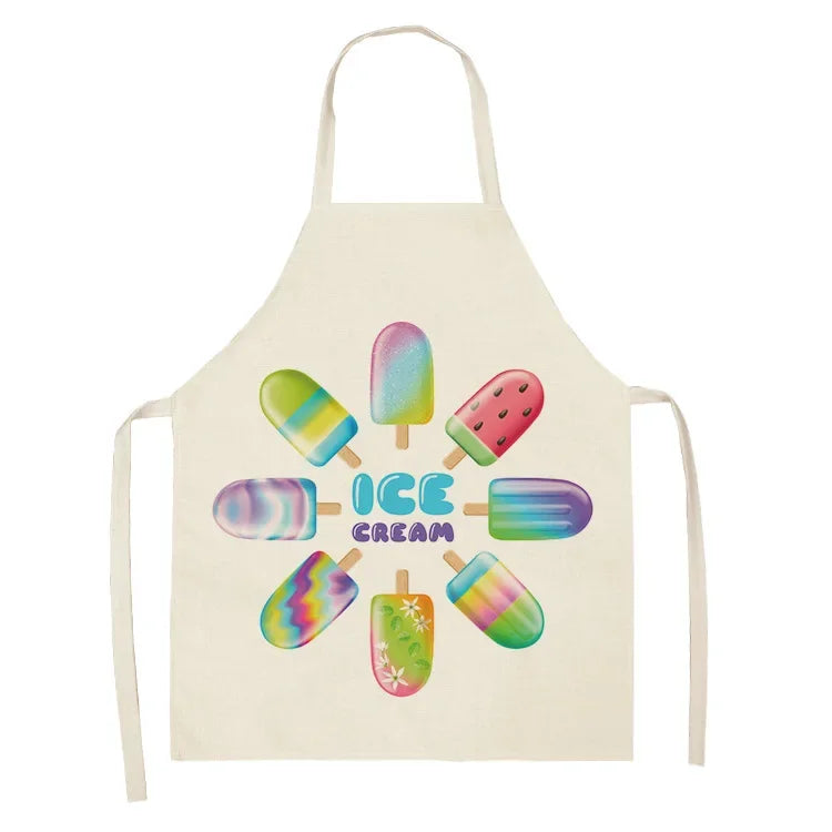 A light yellow linen apron featuring colorful ice cream-themed graphics.