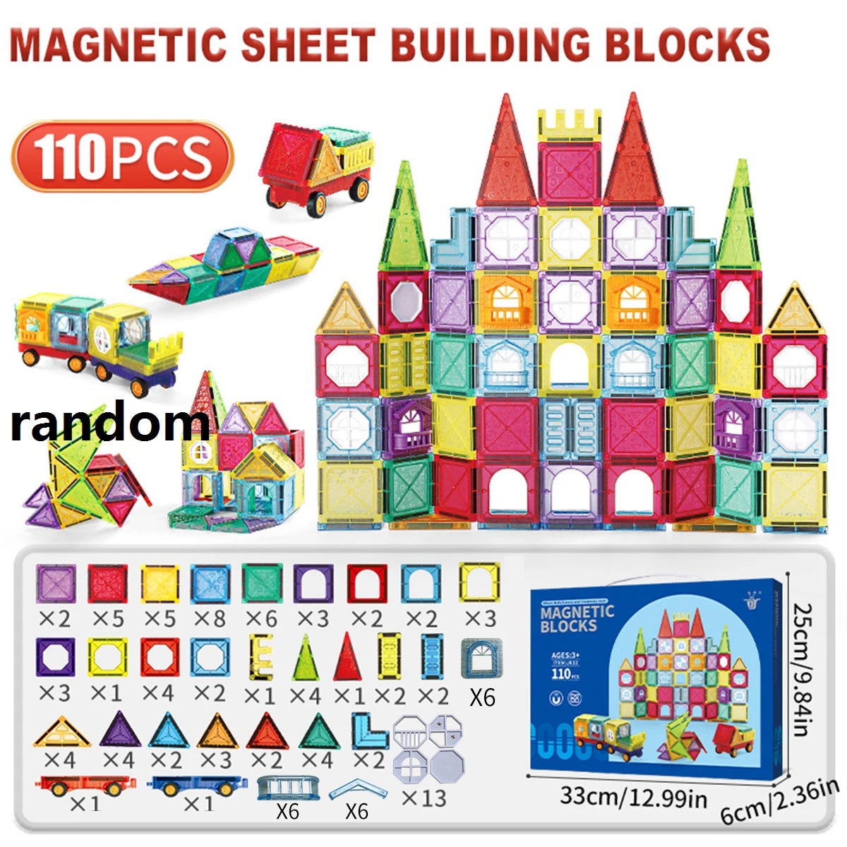 A set of 110 magnetic sheet building blocks in various colors and shapes for children's construction play