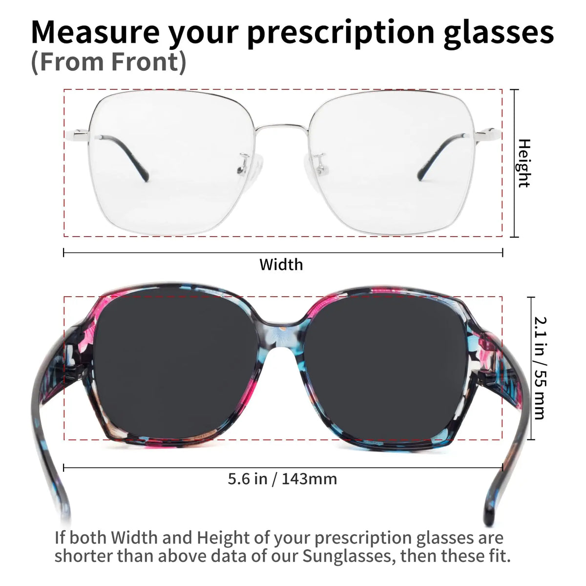 Diagram showing dimensions of prescription glasses and sunglasses for fit comparison.