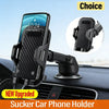A black phone holder with suction cup and air vent clips mounted on a car grille.