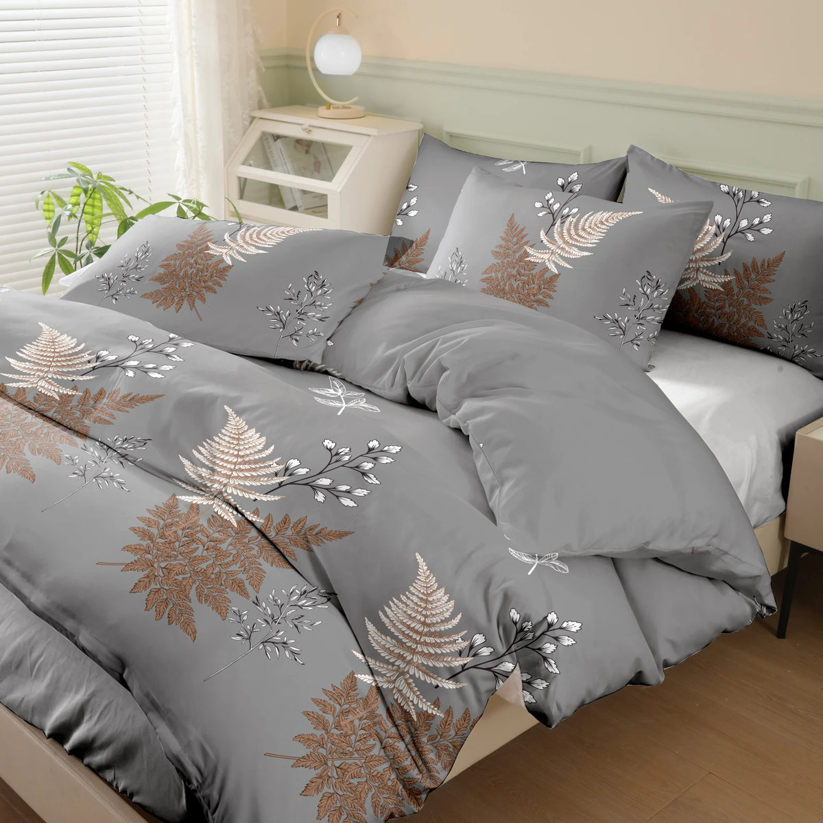 Botanical Leaf Print Duvet Cover Set with Pillowcases