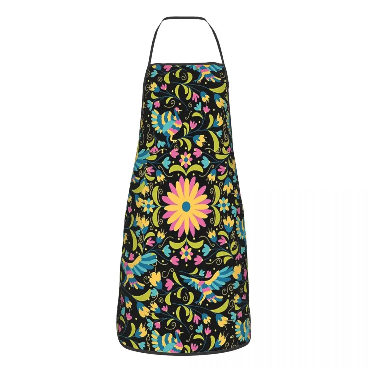 A black apron with a vibrant Mexican floral pattern featuring pink, yellow, and green flowers and leaves.