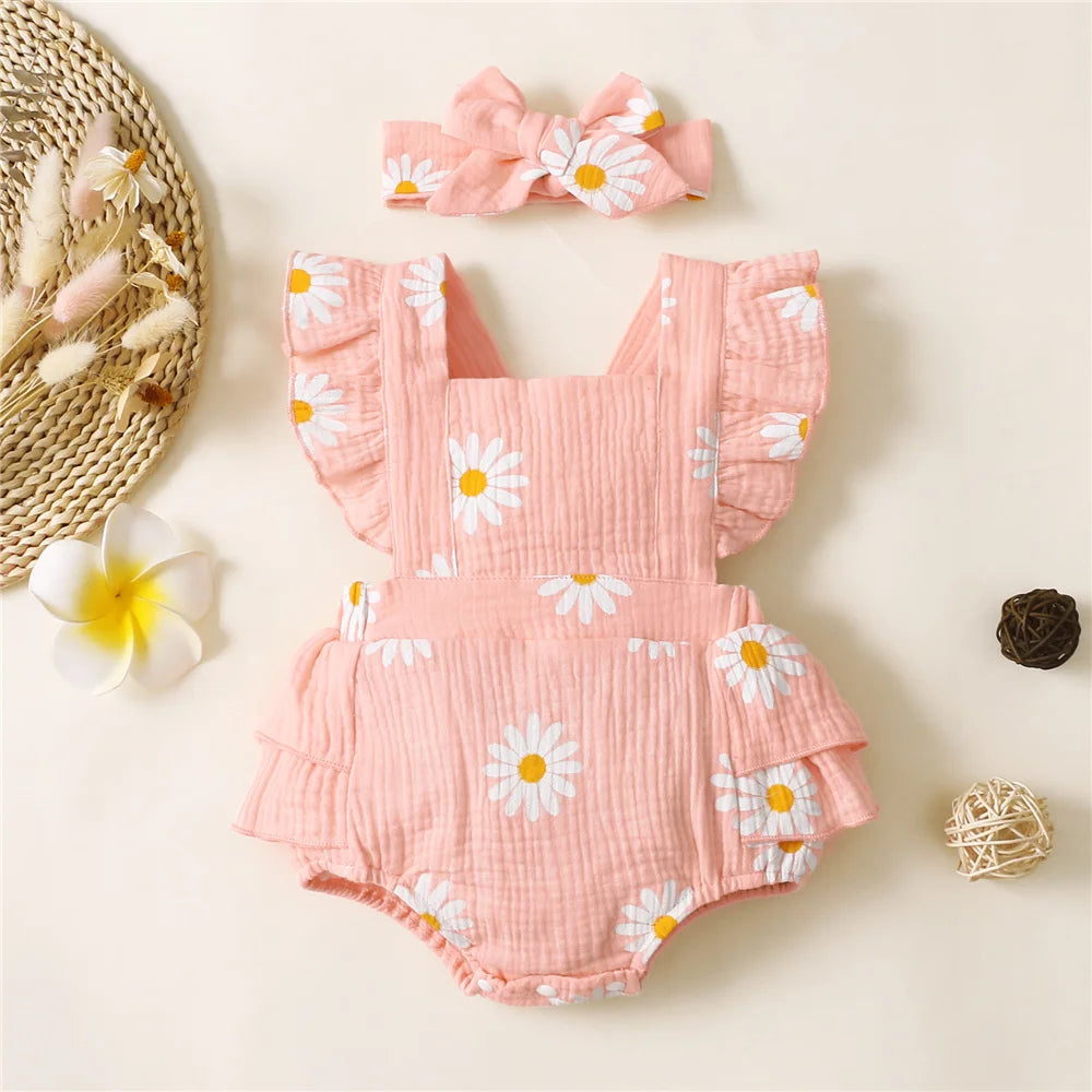 Baby Girl Sleeveless Floral Romper with Headband
