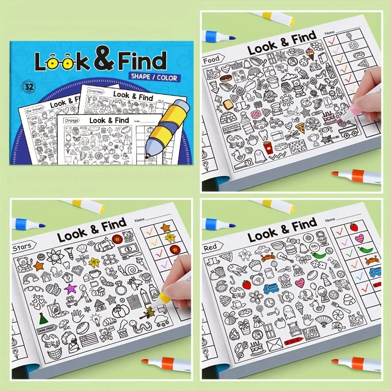A collection of Look & Find Shape and Color activity pages for children, featuring various hidden objects and items.