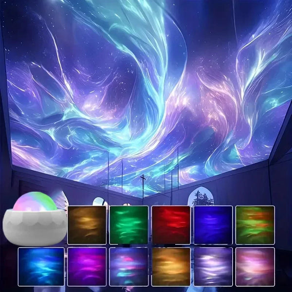 A display of vibrant, swirling aurora-like lights projected onto a dark background.