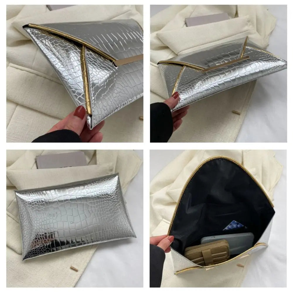 Silver crocodile pattern PU envelope clutch with a gold trim and coin pocket shown in various angles.
