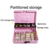 Pink partitioned storage box for coin and banknote storage