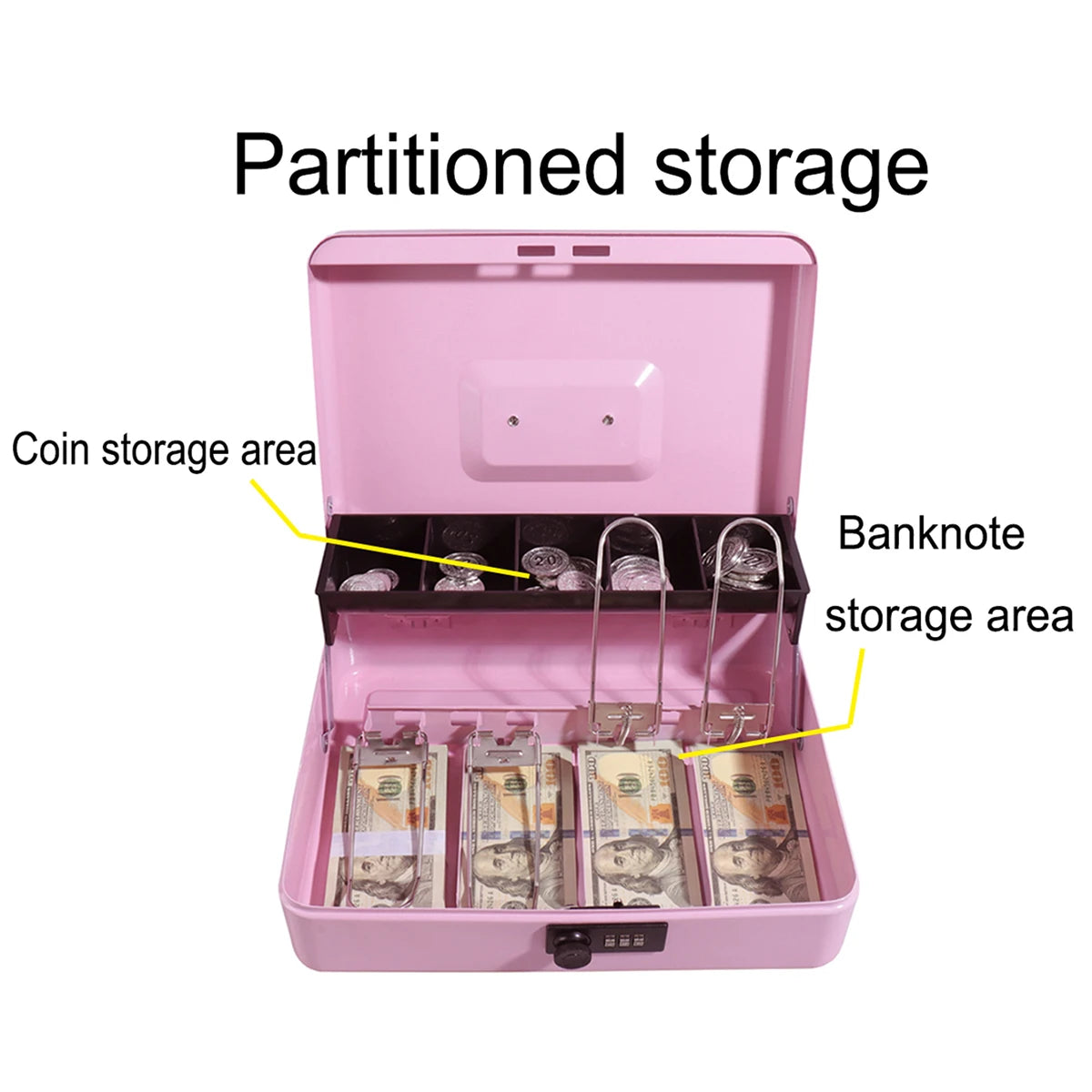 Pink partitioned storage box for coin and banknote storage