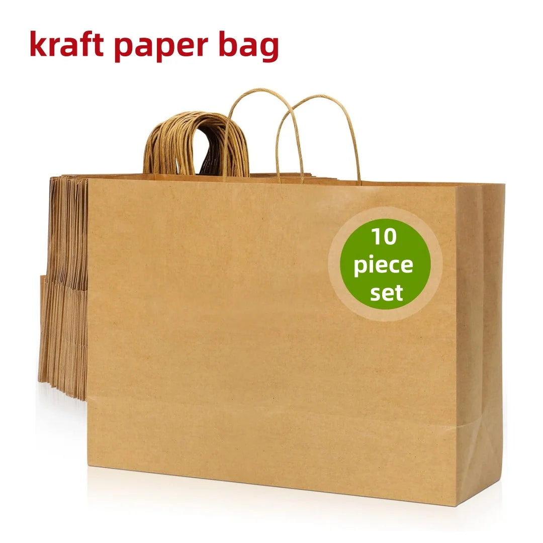 A brown kraft paper bag filled with ten paper bags, showing the handles.