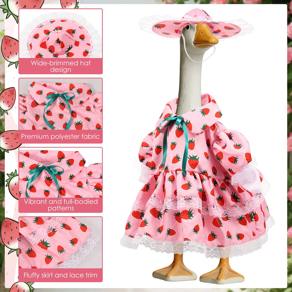 A pink and red strawberry-themed costume set featuring a goose head and a ruffled dress with lace trim.