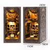 A wooden book nook kit featuring an elaborate miniature scene with LED lighting and detailed architecture.