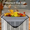 A black mesh cover protecting the top of a white outdoor air conditioning unit from leaves and branches.