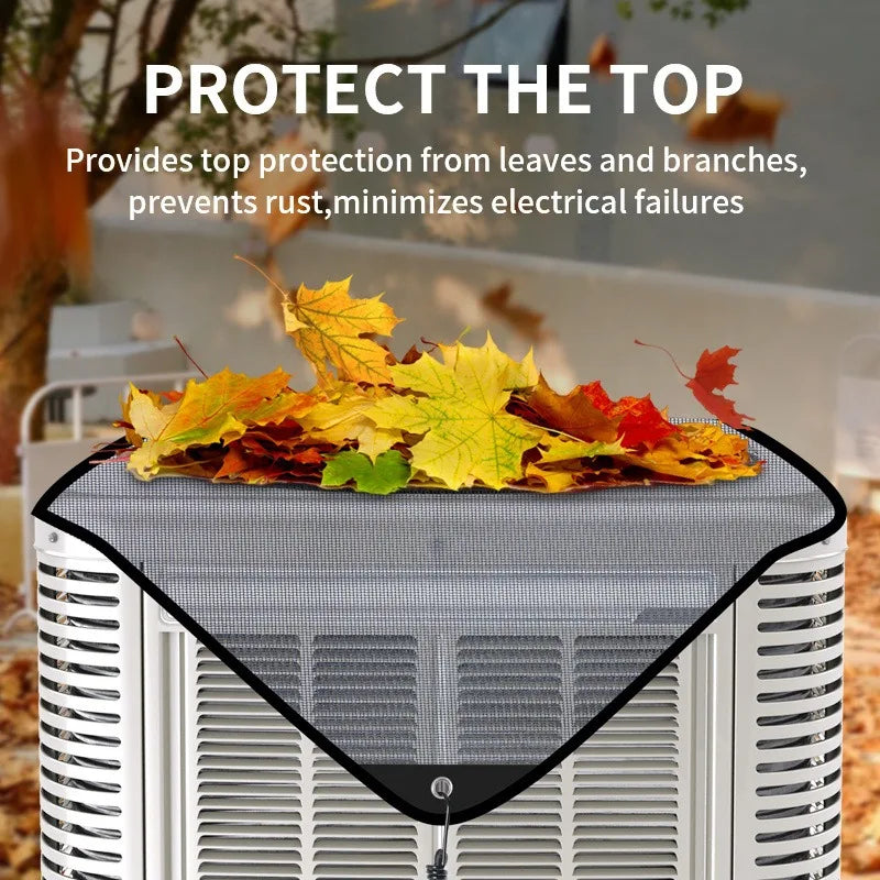 A black mesh cover protecting the top of a white outdoor air conditioning unit from leaves and branches.