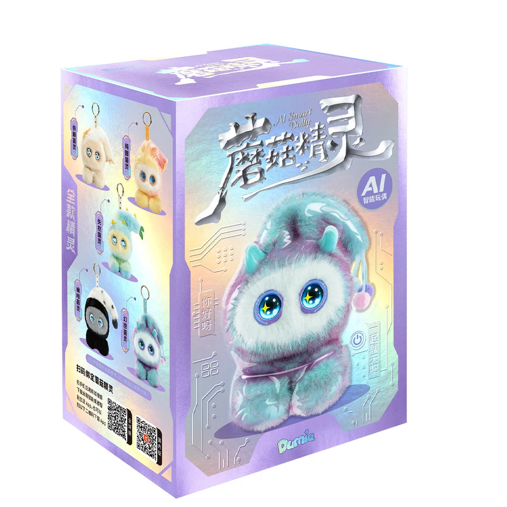 A box for an interactive AI plush robot with LED eyes and voice control featuring a purple and teal-colored character.