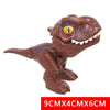 A brown plastic dinosaur toy resembling a T-Rex or Triceratops with yellow eyes and sharp teeth.