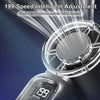 Close-up of a handheld fan with a digital display showing 199 speed and a lens flare effect.