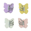 Un juego de cuatro ganchos decorativos para pared en forma de mariposa giratoria en morado, amarillo, blanco y rosa.