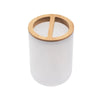A white bathroom organizer set with a wooden soap dispenser top.