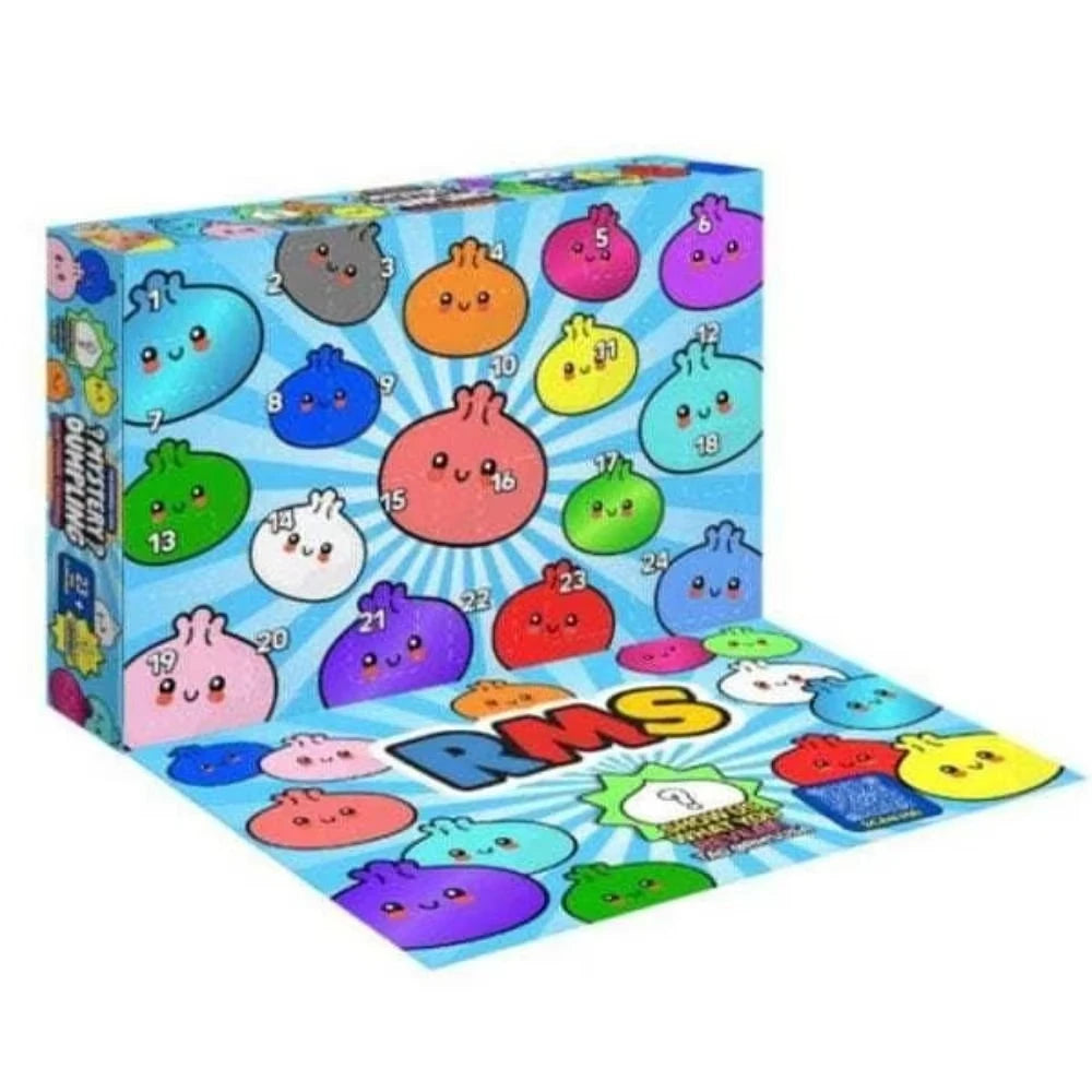 Eine Schachtel mit Dumpling-Squishy Adventkalender Blindbox mit verschiedenfarbigen Dumplings.