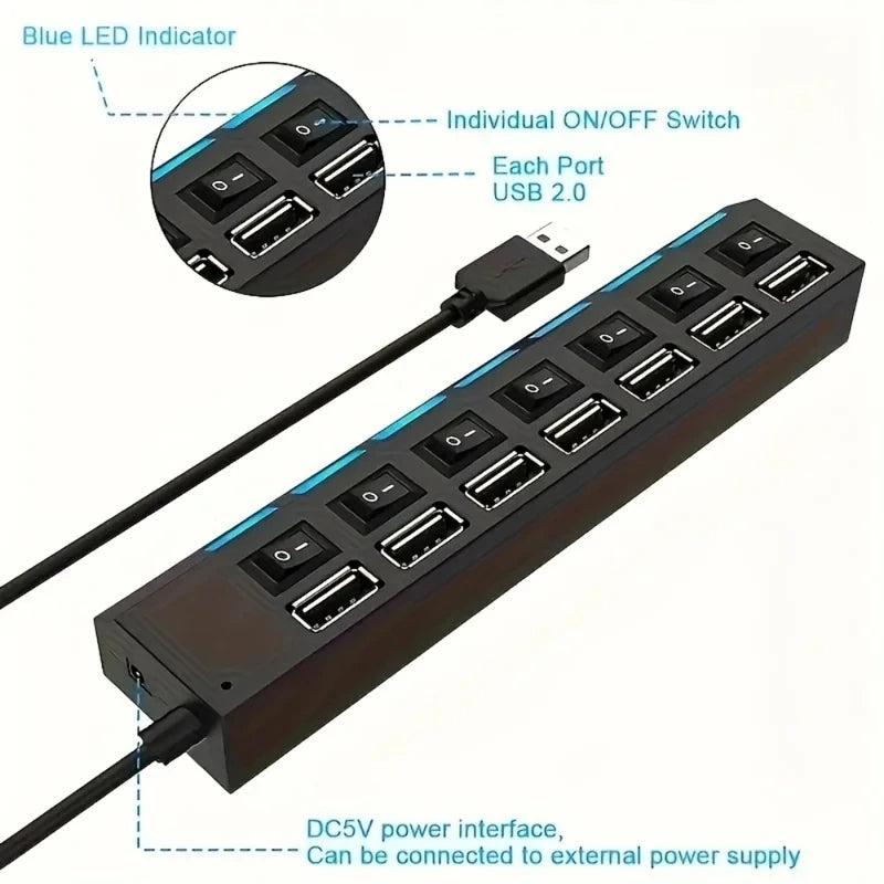 7-Port USB 2.0 Hub with Power Adapter and On/Off Switches