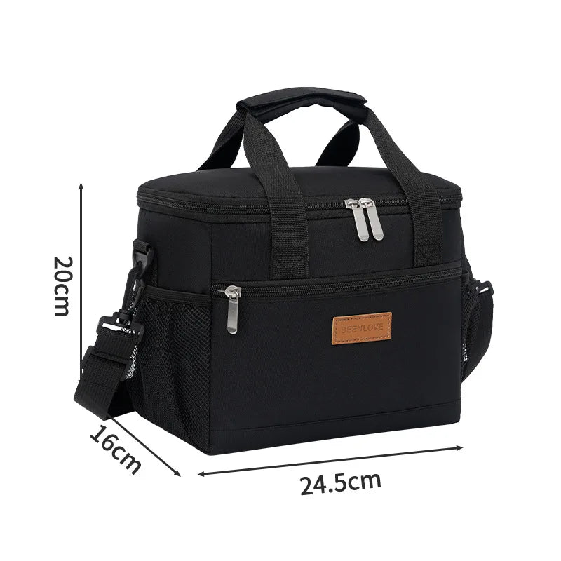Black insulated lunch bag with a handle and zippered pockets shown from the top view.