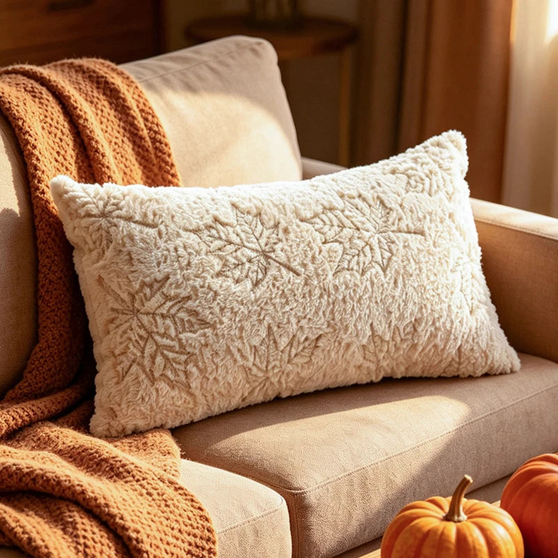 A cream-colored fluffy plush throw pillow resting on a beige sofa next to an orange knitted blanket and an autumn pumpkin.