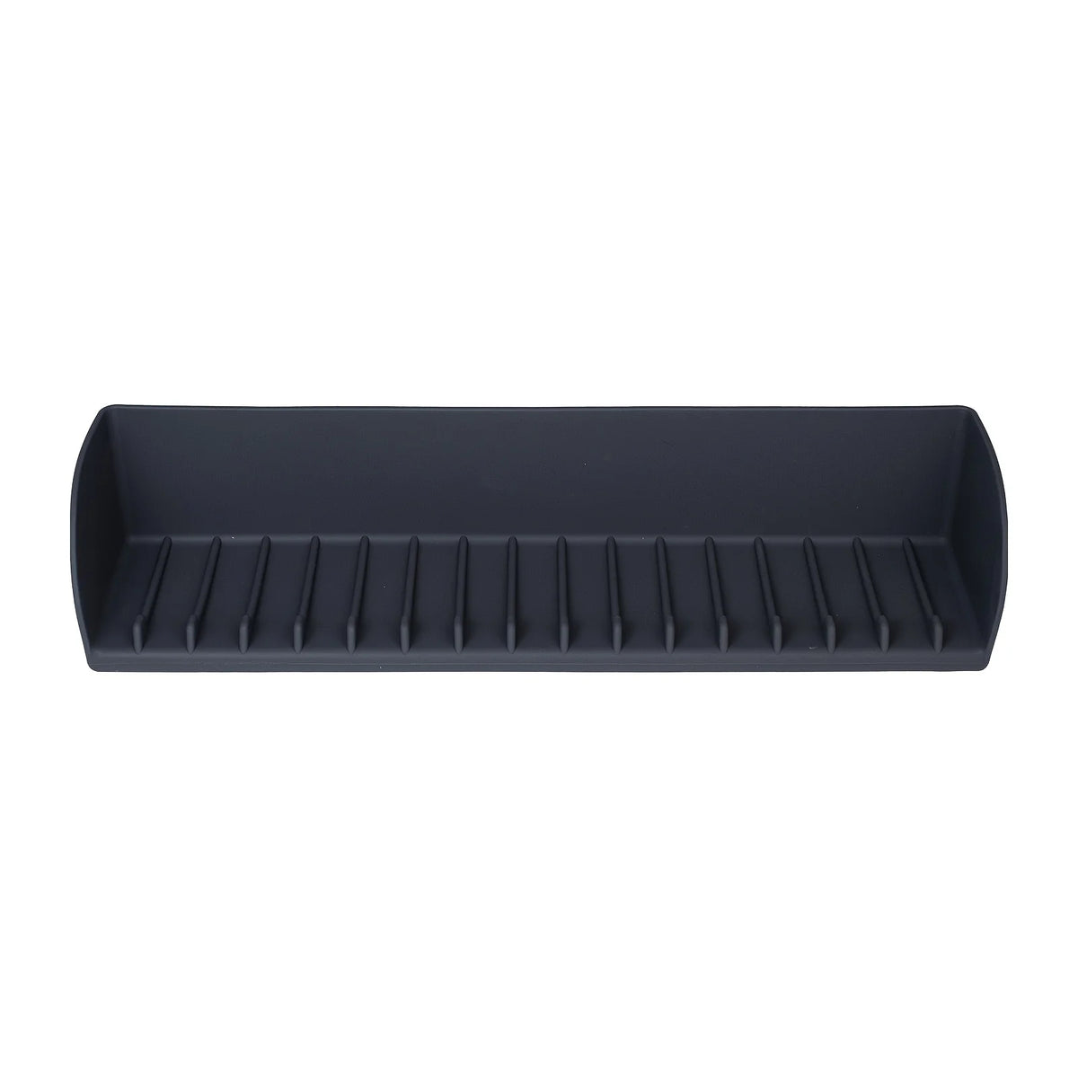 A dark gray flexible silicone sink splash guard with a suction base.