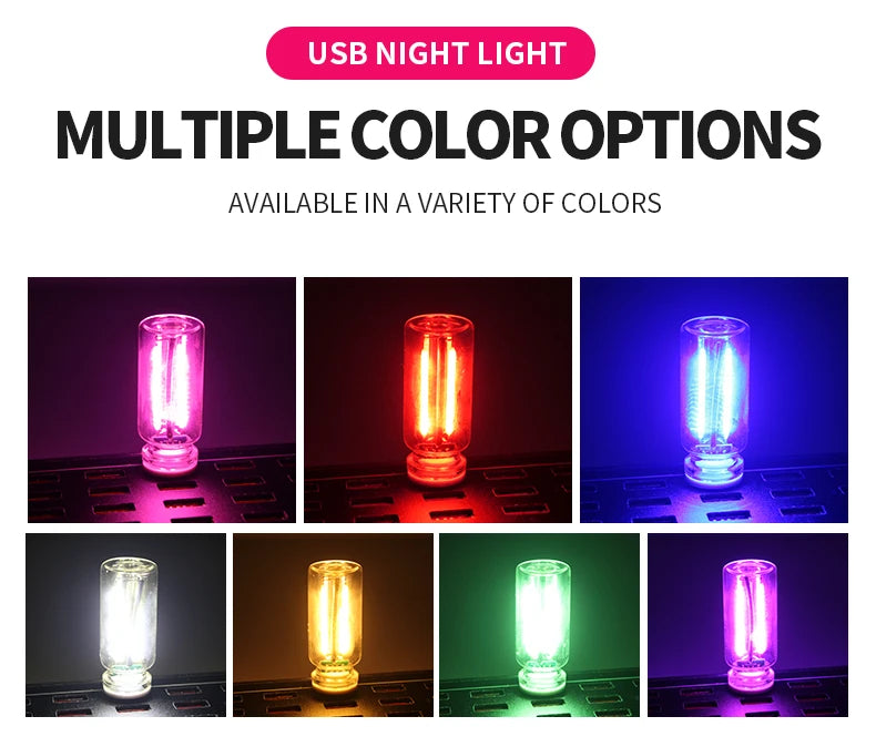 Multiple color options of a USB night light featuring glass accents displayed in various lighting conditions.