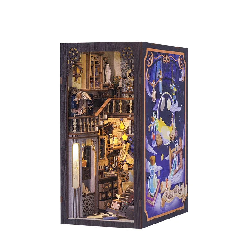 A dark wooden book nook kit featuring detailed miniature bookshelves and scenes with LED lighting.