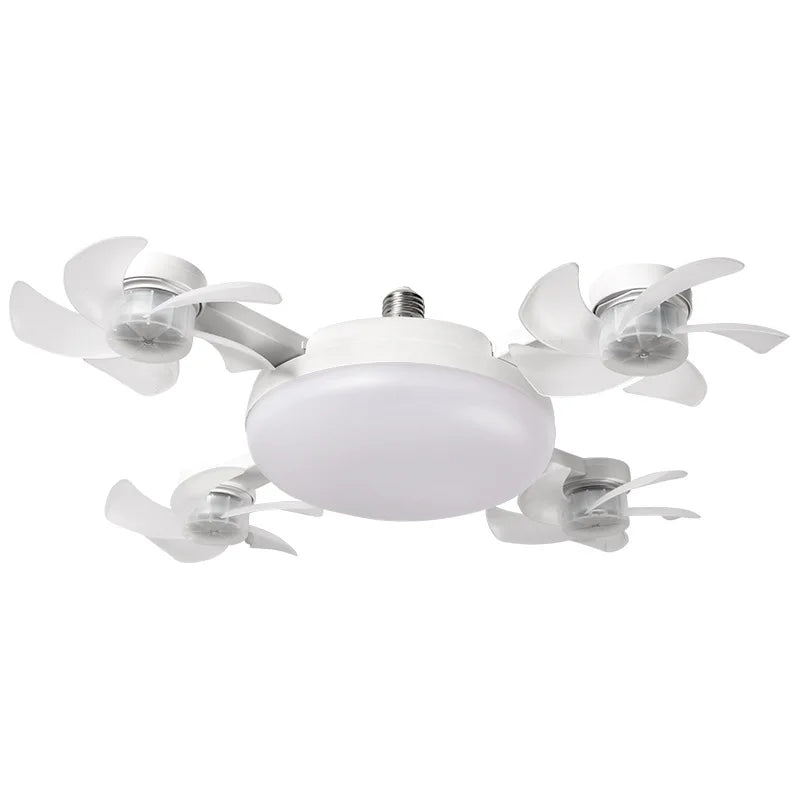 A white remote control LED ceiling fan with dimming and color-changing lights.